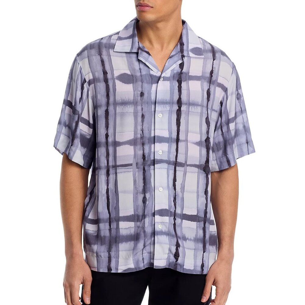 HUGO Mens Espino Relaxed Fit Watercolor Grid Print Camp Shirt Purple NWT 148